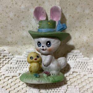 Enesco Vintage Easter Bunny and Chick Figurine with Green Hat Taiwan